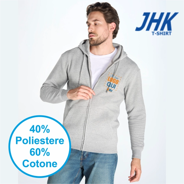 Immagine Felpa JHK Leggera Cappuccio e Zip | 60% COT+40% POL | 240 gr/m2 personalizzata con stampa o ricamo