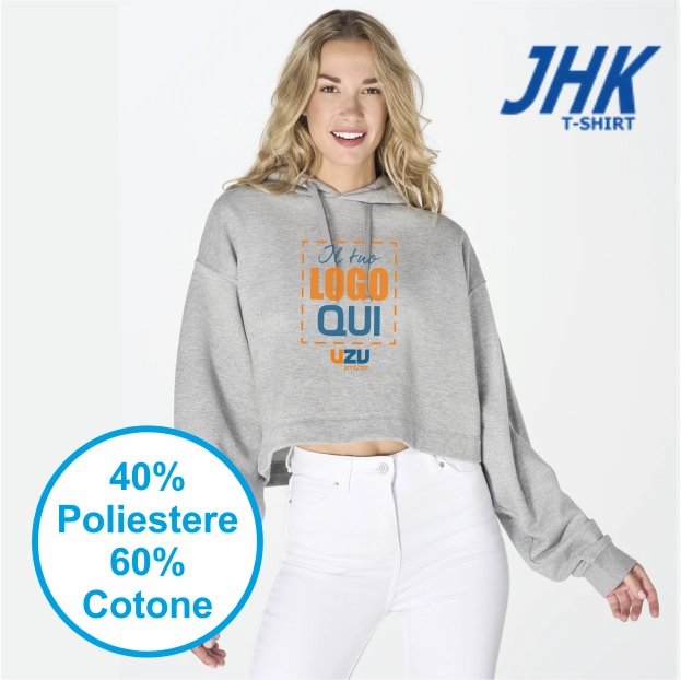 Immagine FELPA DONNA CAPPUCCIO REGULAR CROPPED JHK | 60% COT + 40% POL | 290 gr/m2 personalizzata con stampa o ricamo