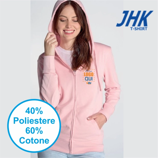 Immagine FELPA DONNA JHK CAPPUCCIO E ZIP LEGGERA FRENCH TERRY | 60% COT+40% POL | 240 gr/m2 personalizzata con stampa o ricamo 