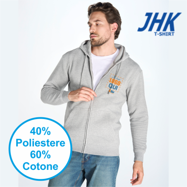 Felpa JHK Leggera Cappuccio e Zip | 60% COT+40% POL | 240 gr/m2 personalizzata con stampa o ricamo