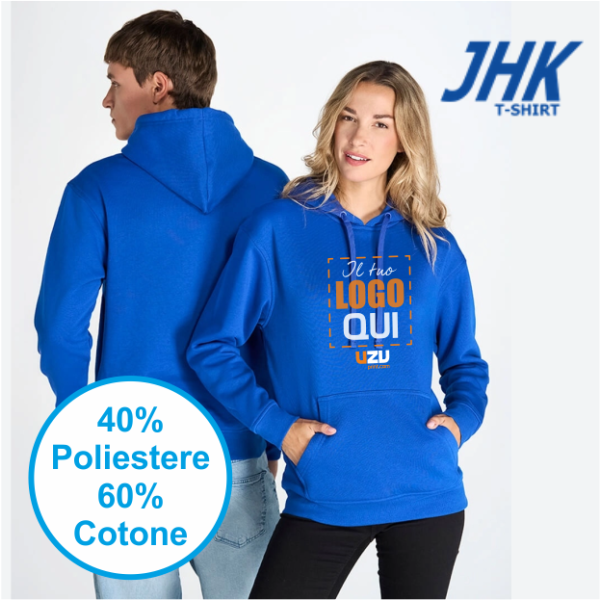 FELPA JHK UNISEX CAPPUCCIO JT | 60% COT+ 40% POL | 265 gr/m2 personalizzata con stampa o ricamo