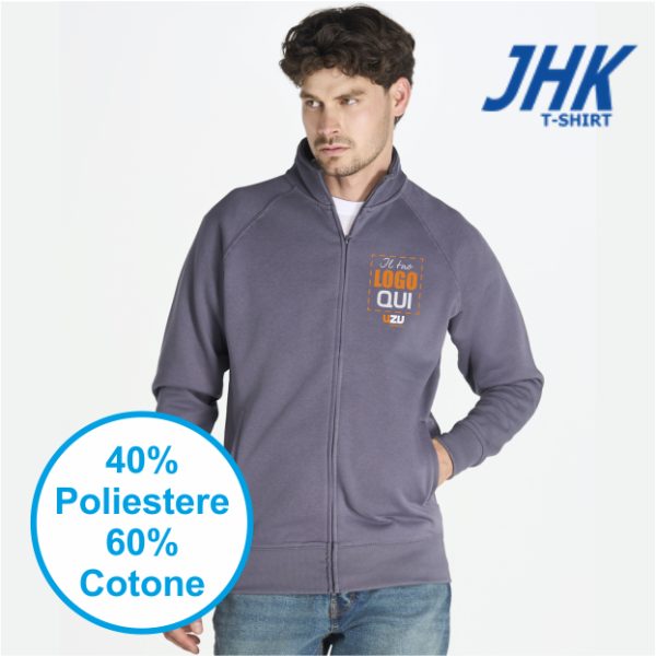 FELPA JHK UNISEX ZIP INTERA JT | 60% COT + 40% POL | 265 gr/m2 personalizzata con stampa o ricamo