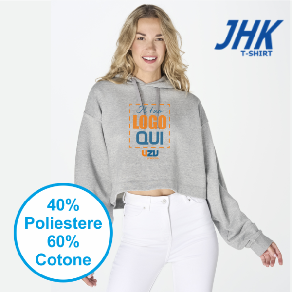 FELPA DONNA CAPPUCCIO REGULAR CROPPED JHK | 60% COT + 40% POL | 290 gr/m2 personalizzata con stampa o ricamo